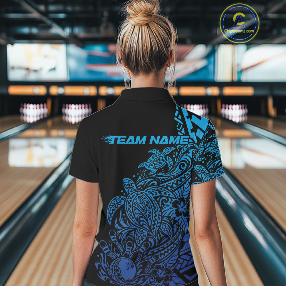 Custom Black And Blue Tribal Turtle Bowling Polo, Polynesian Bowling Outfit