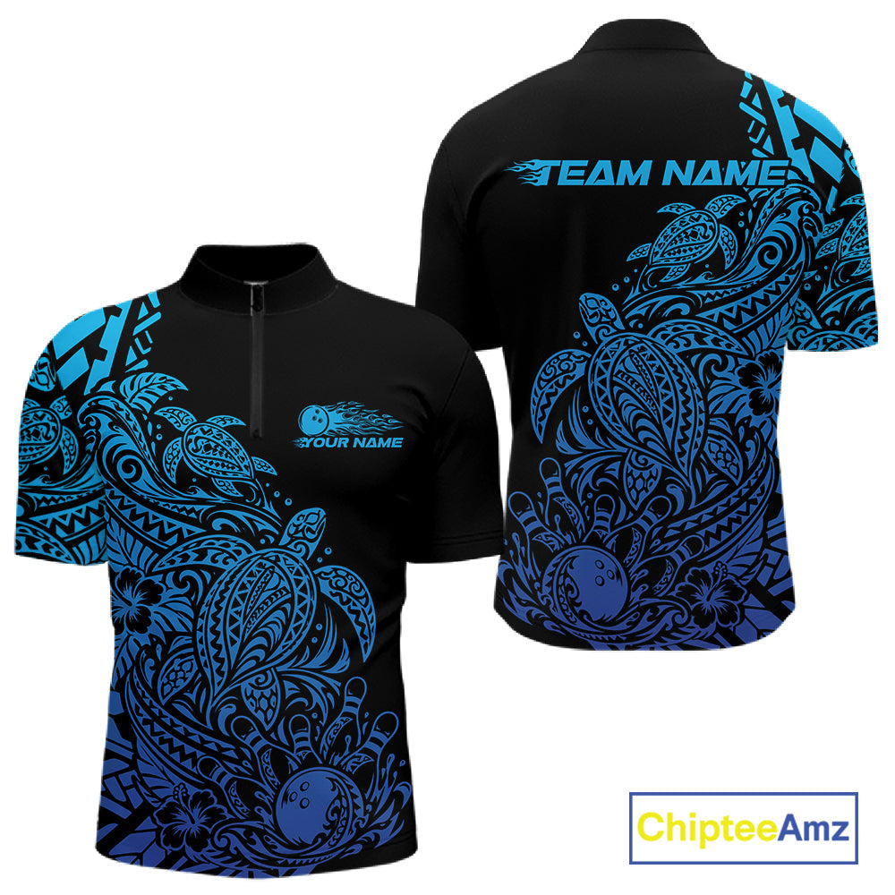 Custom Black And Blue Tribal Turtle Bowling Quarter Zip, Polynesian Bowling Outfit
