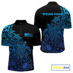 Custom Black And Blue Tribal Turtle Bowling Quarter Zip, Polynesian Bowling Outfit