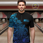 Custom Black And Blue Tribal Turtle Bowling Quarter Zip, Polynesian Bowling Outfit