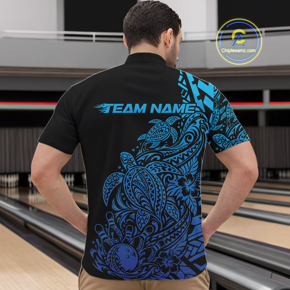 Custom Black And Blue Tribal Turtle Bowling Quarter Zip, Polynesian Bowling Outfit