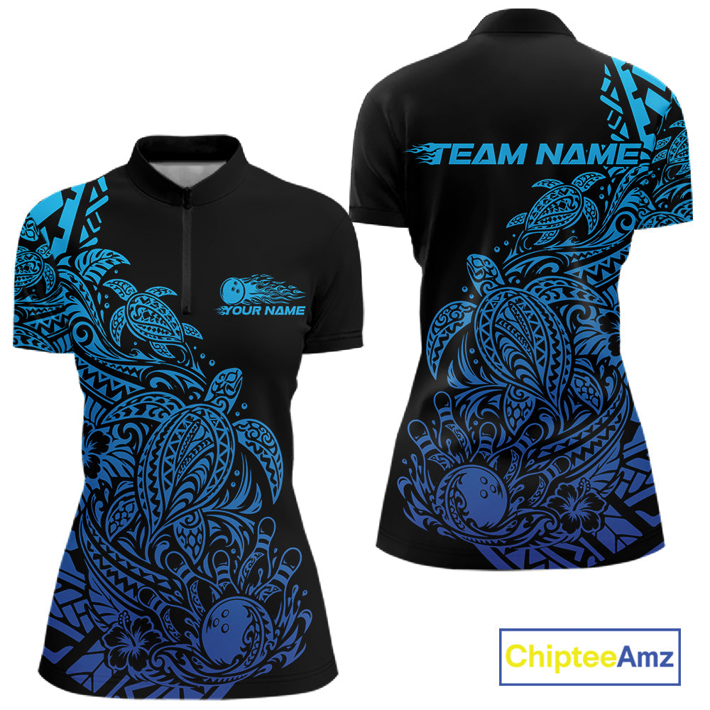 Custom Black And Blue Tribal Turtle Bowling Quarter-Zip, Polynesian Bowling Outfit