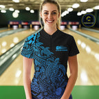Custom Black And Blue Tribal Turtle Bowling Quarter-Zip, Polynesian Bowling Outfit