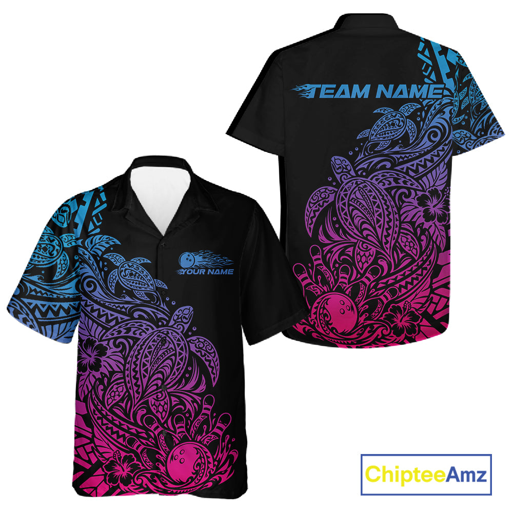 Custom Blue Purple And Pink Tribal Turtle Bowling And Button Up, Polynesian Bowling Outfit