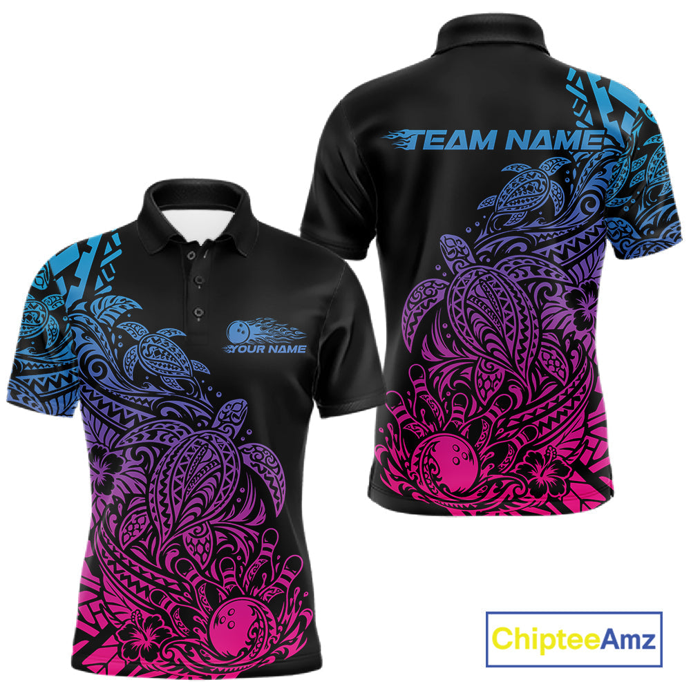 Custom Blue Purple And Pink Tribal Turtle Bowling Polo, Polynesian Bowling Outfit