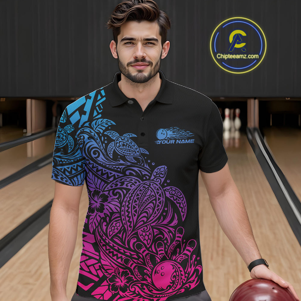 Custom Blue Purple And Pink Tribal Turtle Bowling Polo, Polynesian Bowling Outfit