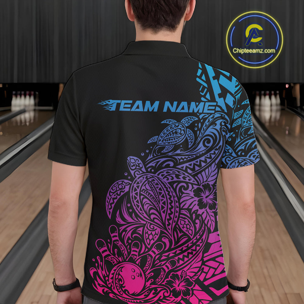 Custom Blue Purple And Pink Tribal Turtle Bowling Polo, Polynesian Bowling Outfit