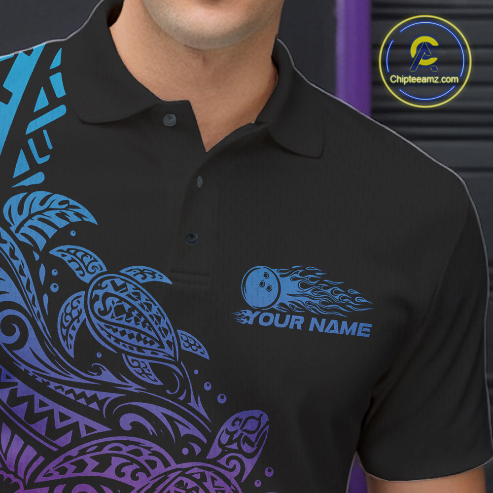 Custom Blue Purple And Pink Tribal Turtle Bowling Polo, Polynesian Bowling Outfit