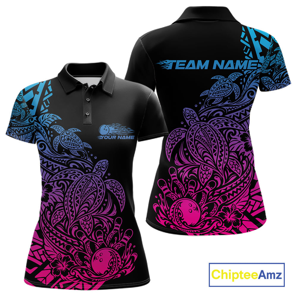 Custom Blue Purple And Pink Tribal Turtle Bowling Polo, Polynesian Bowling Outfit