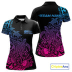 Custom Blue Purple And Pink Tribal Turtle Bowling Polo, Polynesian Bowling Outfit
