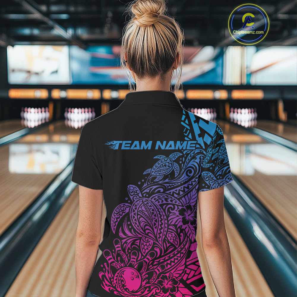 Custom Blue Purple And Pink Tribal Turtle Bowling Polo, Polynesian Bowling Outfit