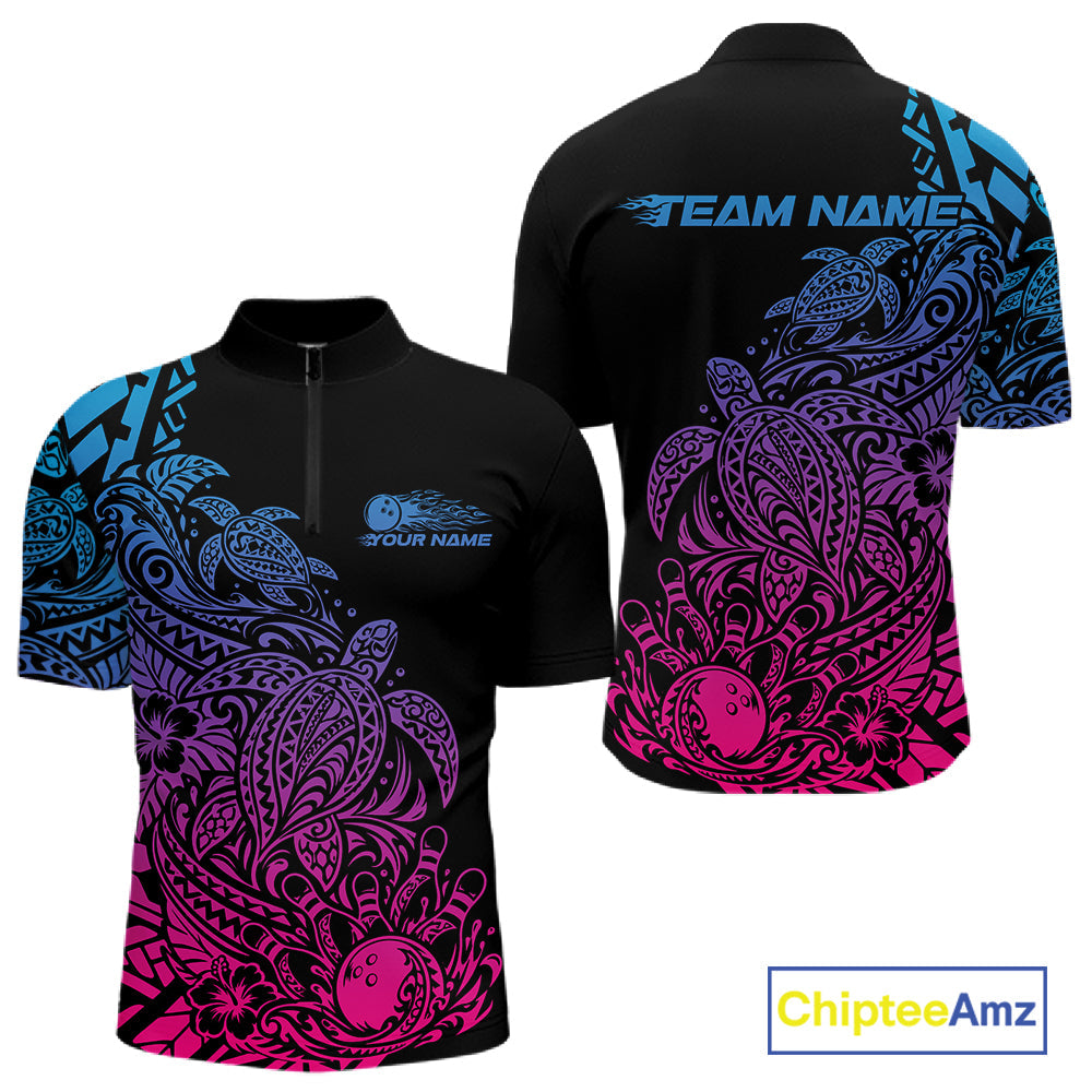Custom Blue Purple And Pink Tribal Turtle Bowling Quarter Zip, Polynesian Bowling Outfit