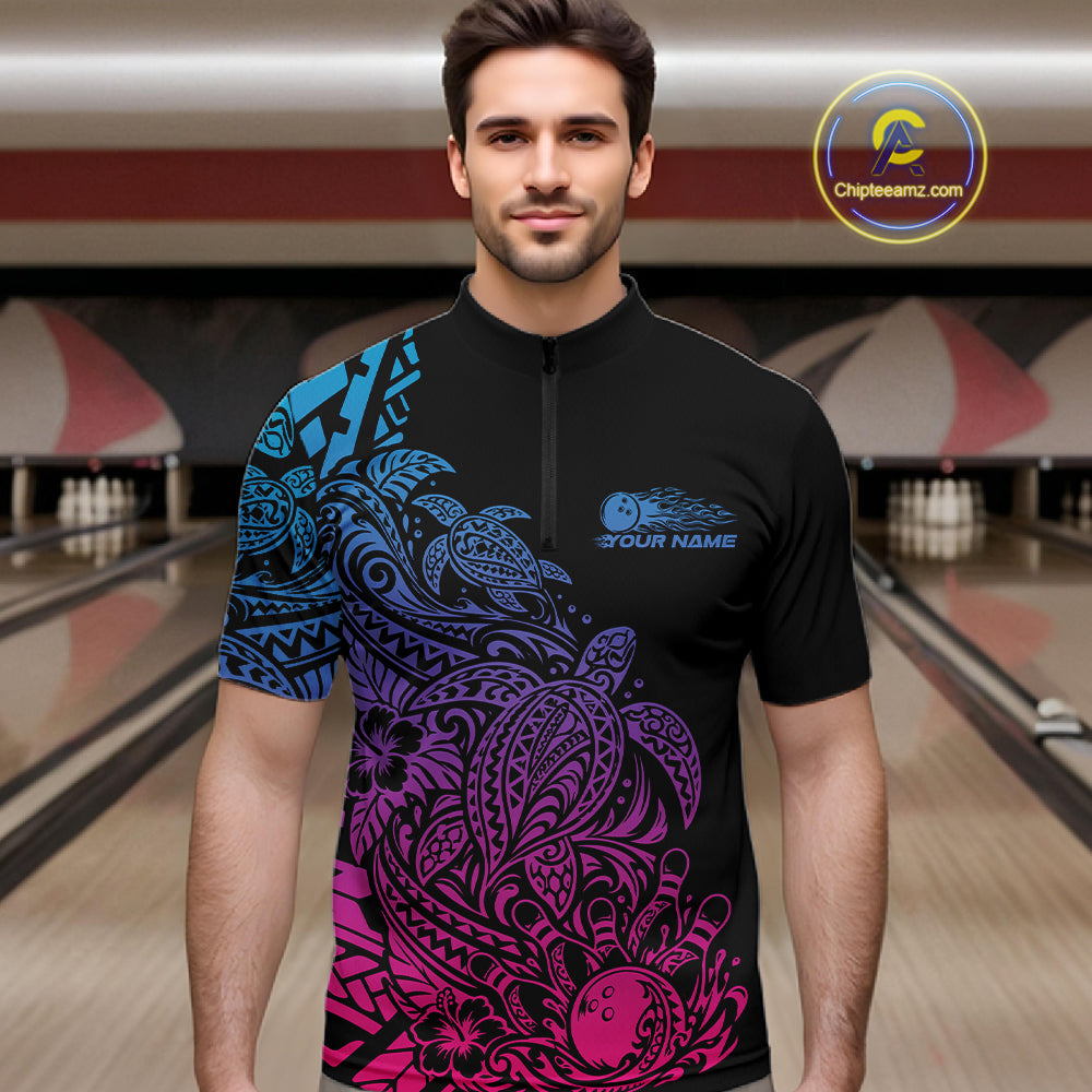 Custom Blue Purple And Pink Tribal Turtle Bowling Quarter Zip, Polynesian Bowling Outfit