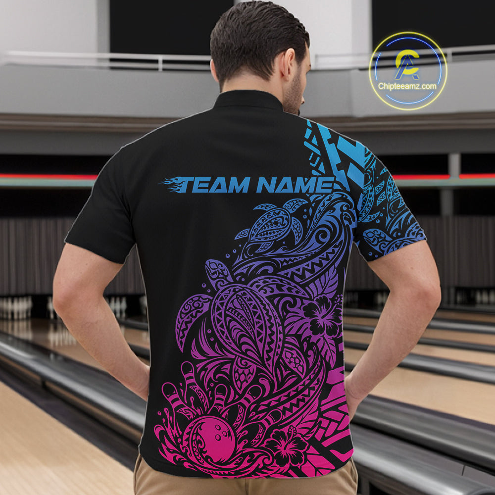 Custom Blue Purple And Pink Tribal Turtle Bowling Quarter Zip, Polynesian Bowling Outfit
