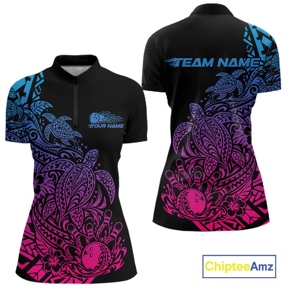 Custom Blue Purple And Pink Tribal Turtle Bowling Quarter-Zip, Polynesian Bowling