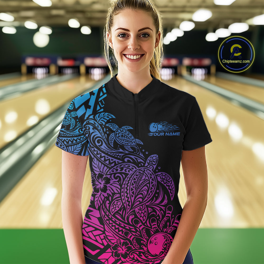 Custom Blue Purple And Pink Tribal Turtle Bowling Quarter-Zip, Polynesian Bowling