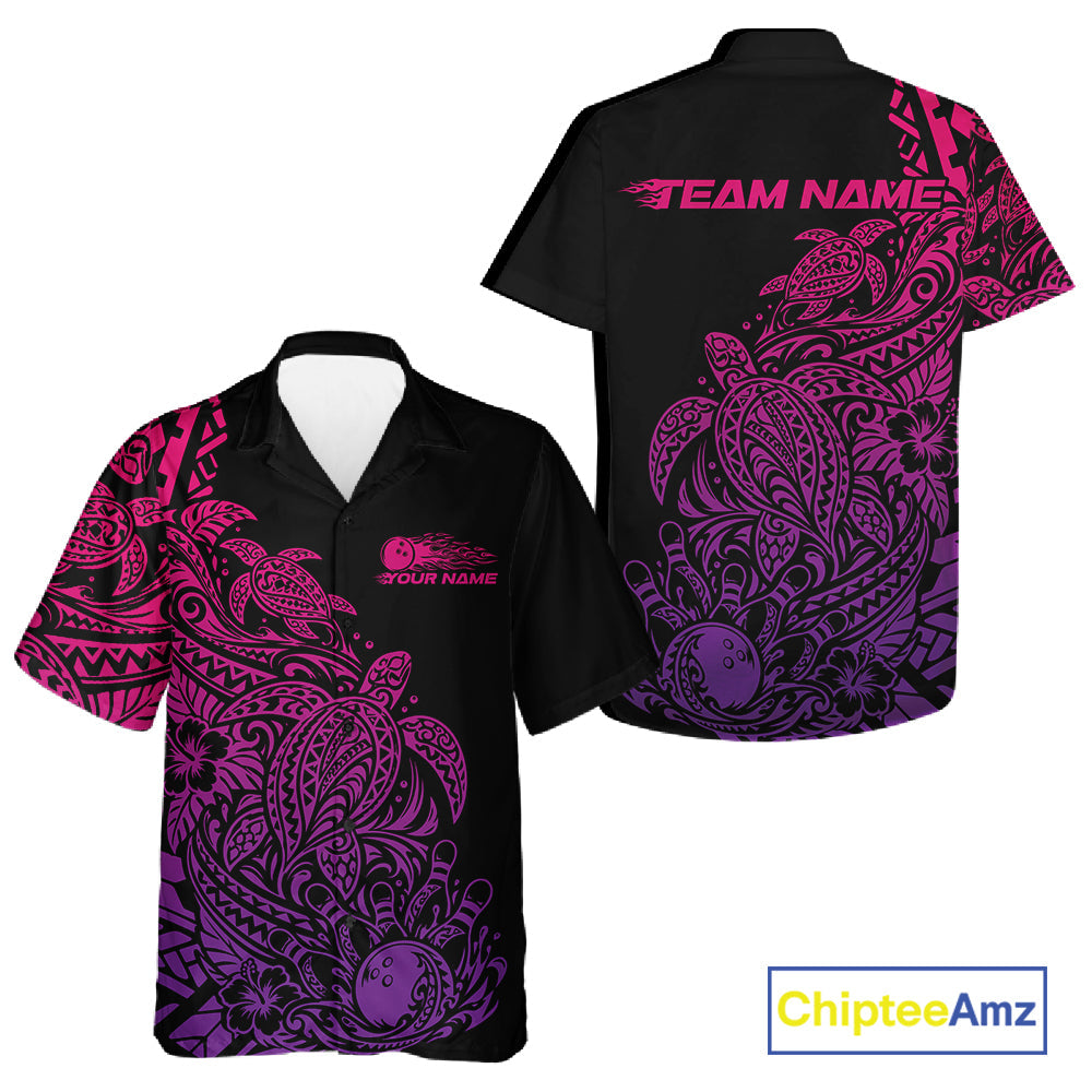 Custom Pink And Purple Tribal Turtle Bowling And Button Up, Polynesian Bowling Outfit