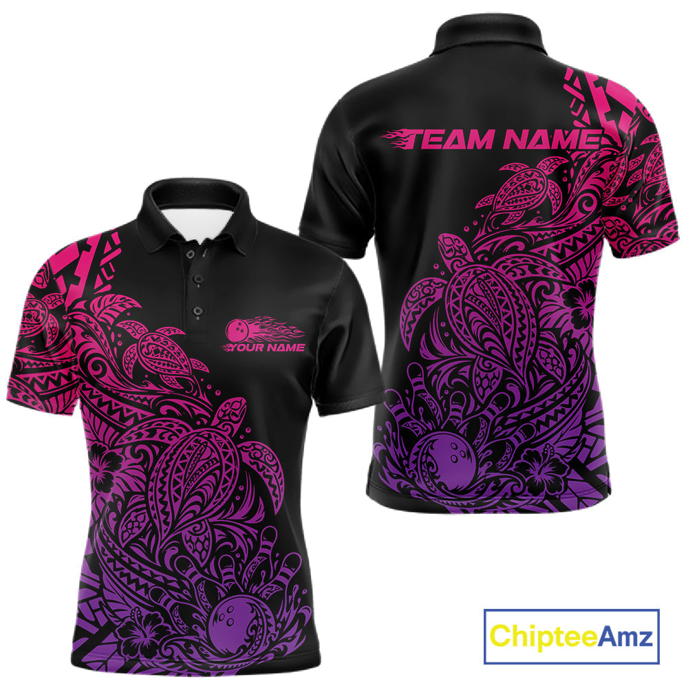 Custom Pink And Purple Tribal Turtle Bowling Polo, Polynesian Bowling Outfit