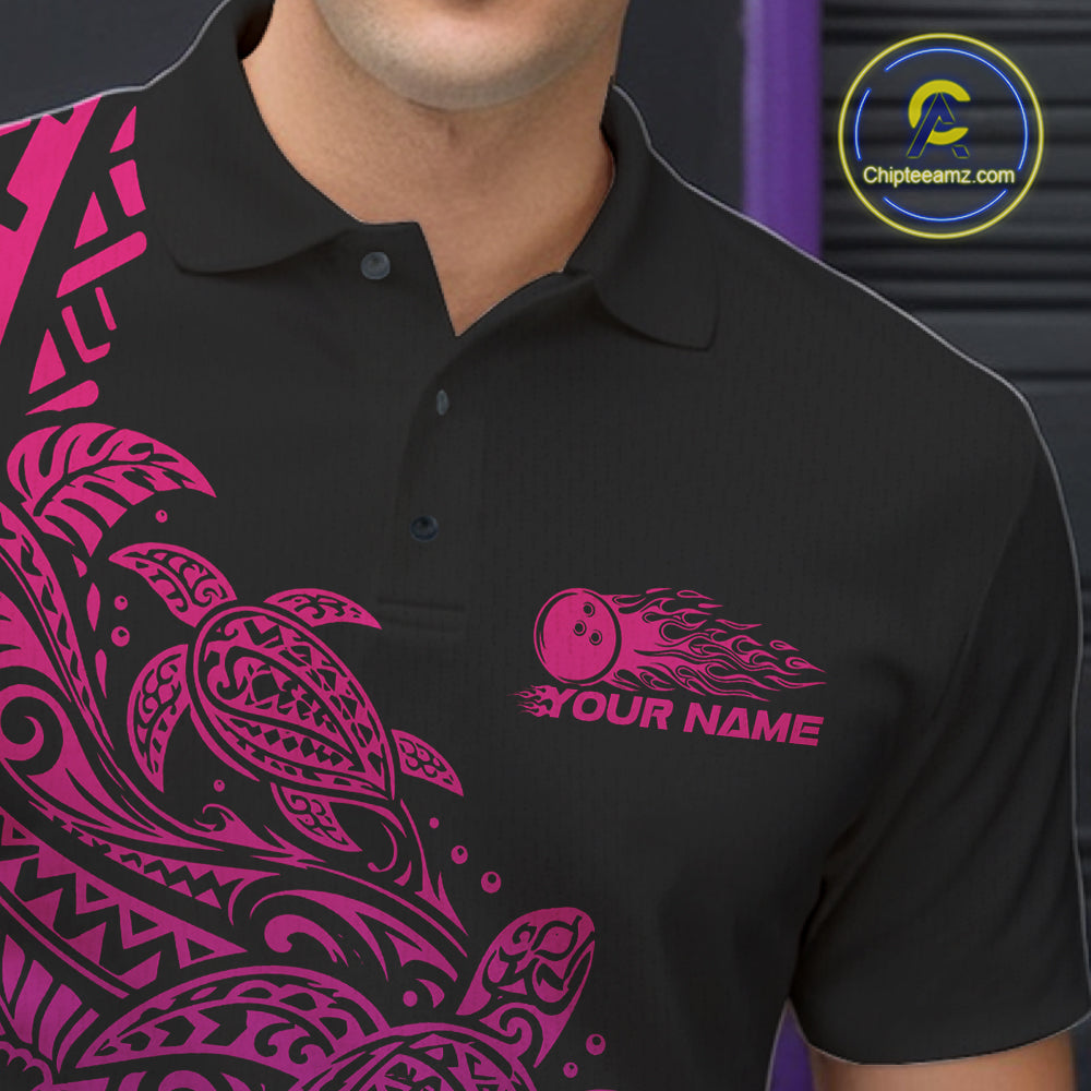 Custom Pink And Purple Tribal Turtle Bowling Polo, Polynesian Bowling Outfit