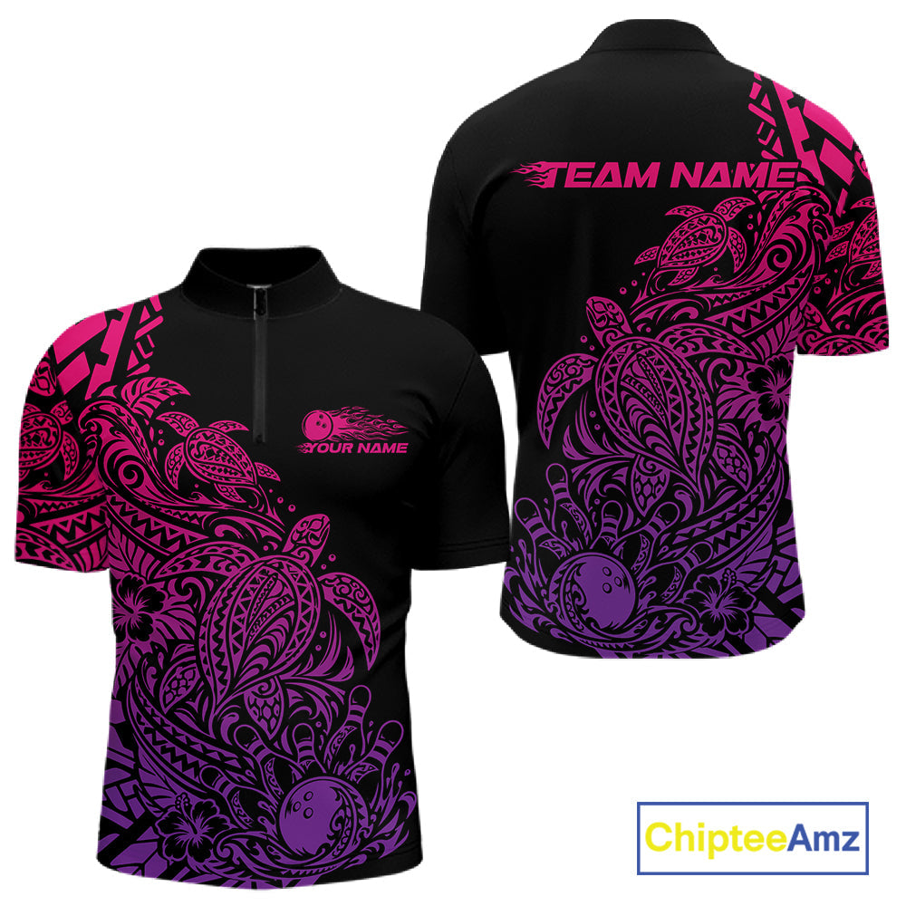 Custom Pink And Purple Tribal Turtle Bowling Quarter Zip, Polynesian Bowling Outfit