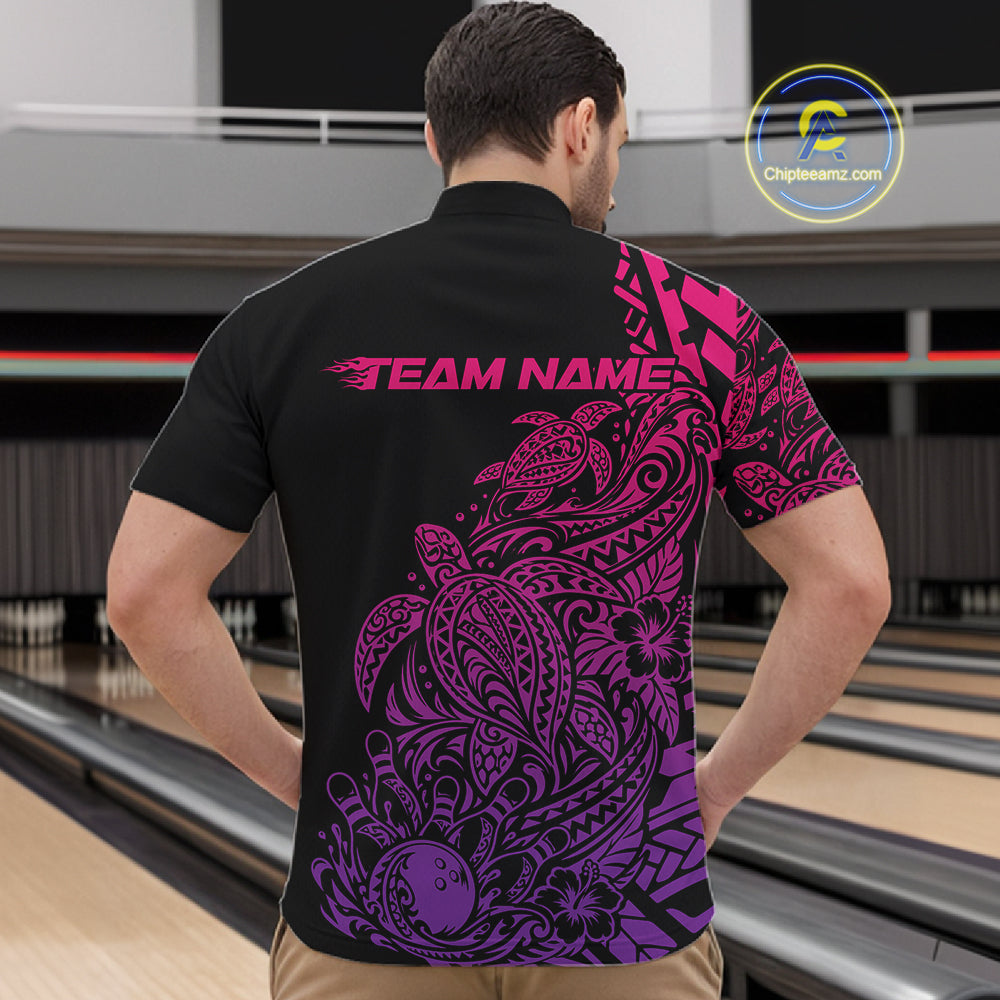 Custom Pink And Purple Tribal Turtle Bowling Quarter Zip, Polynesian Bowling Outfit
