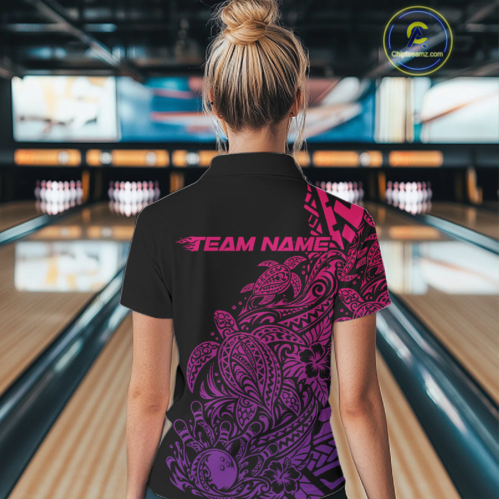Custom Pink And Purple Tribal Turtle Bowling Quarter-Zip, Polynesian Bowling
