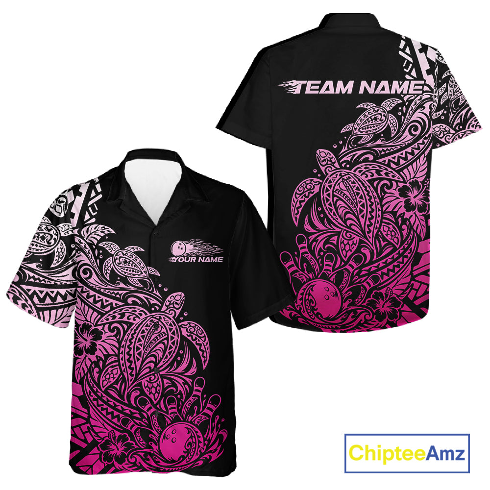 Custom Black And Pink Tribal Turtle Bowling And Button Up, Polynesian Bowling Outfit