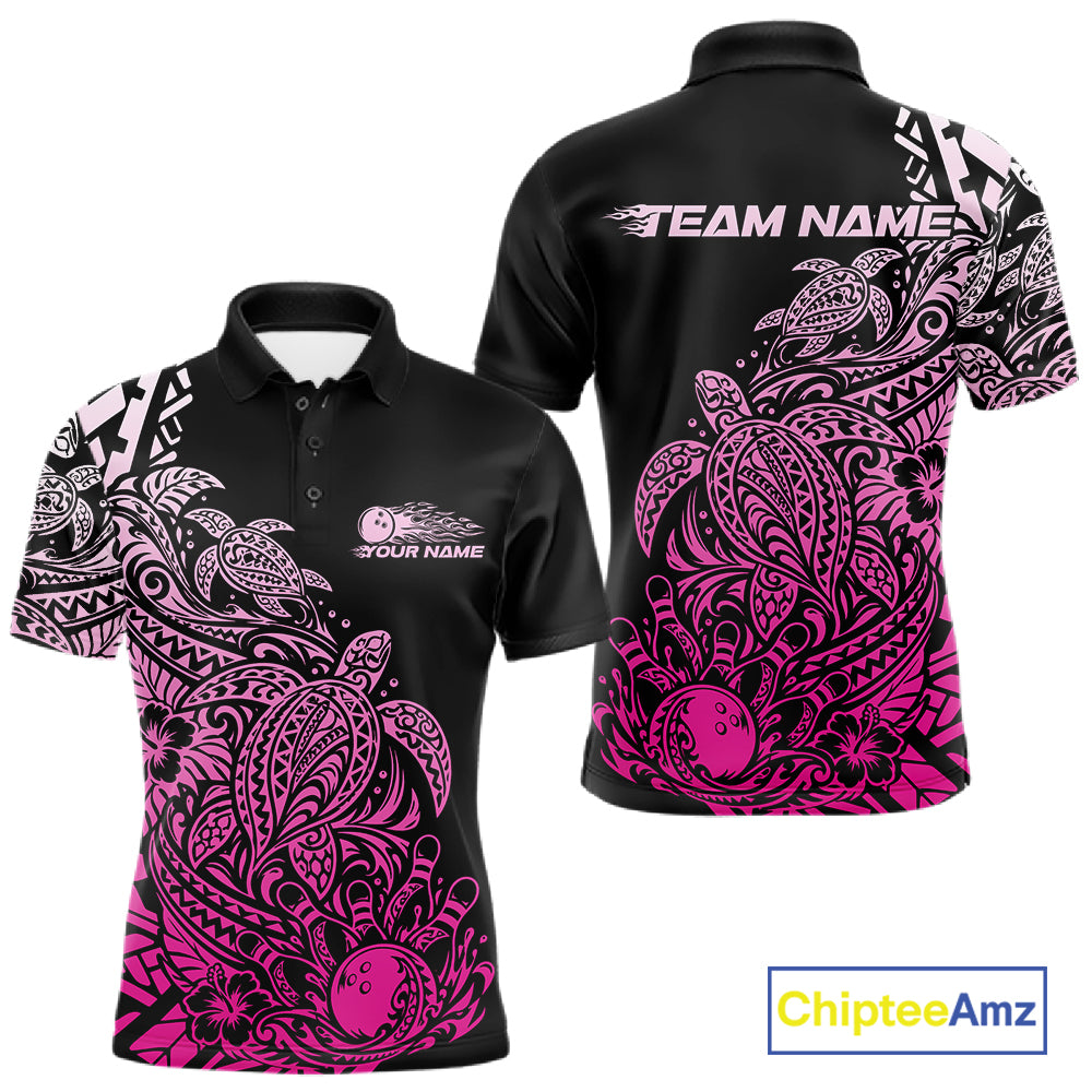 Custom Black And Pink Tribal Turtle Bowling Polo, Polynesian Bowling Outfit