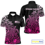 Custom Black And Pink Tribal Turtle Bowling Polo, Polynesian Bowling Outfit