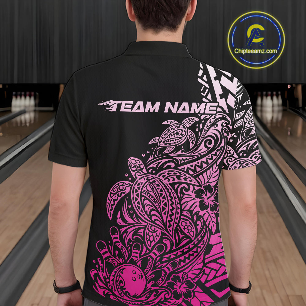 Custom Black And Pink Tribal Turtle Bowling Polo, Polynesian Bowling Outfit