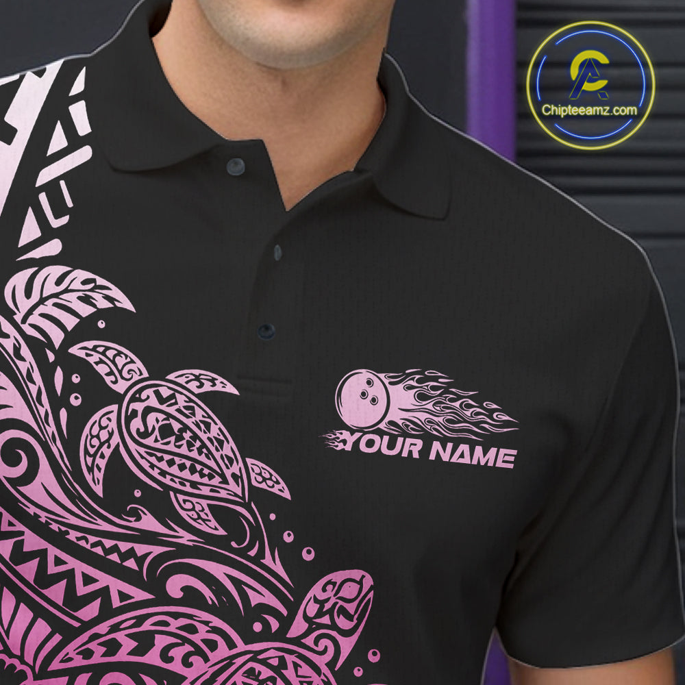 Custom Black And Pink Tribal Turtle Bowling Polo, Polynesian Bowling Outfit