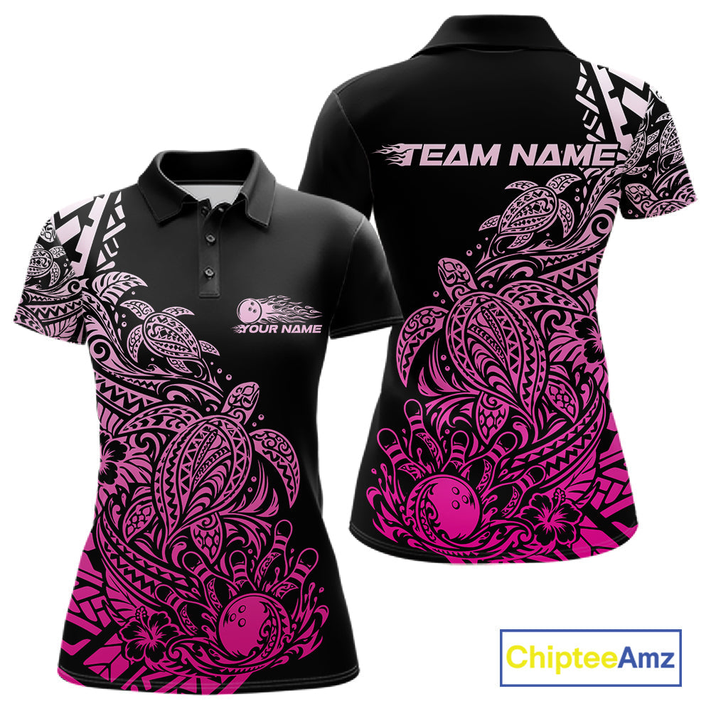 Custom Black And Pink Tribal Turtle Bowling Polo, Polynesian Bowling Outfit