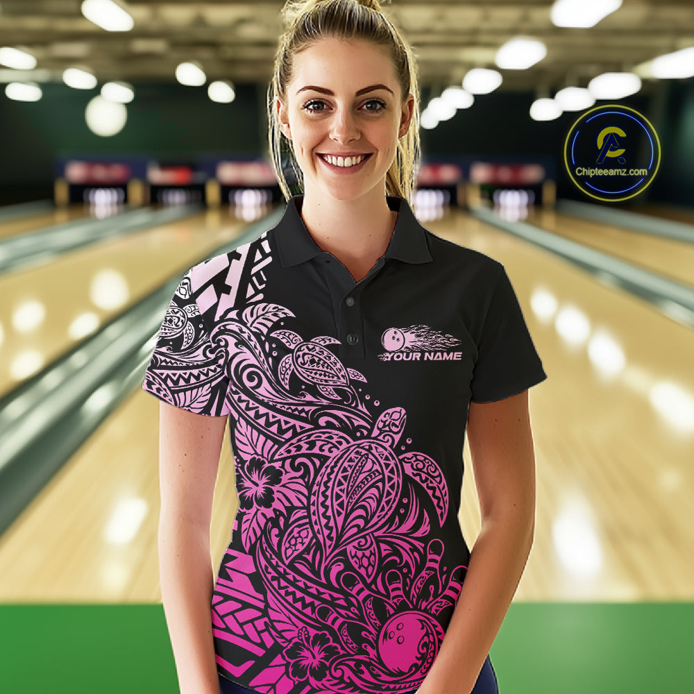 Custom Black And Pink Tribal Turtle Bowling Polo, Polynesian Bowling Outfit