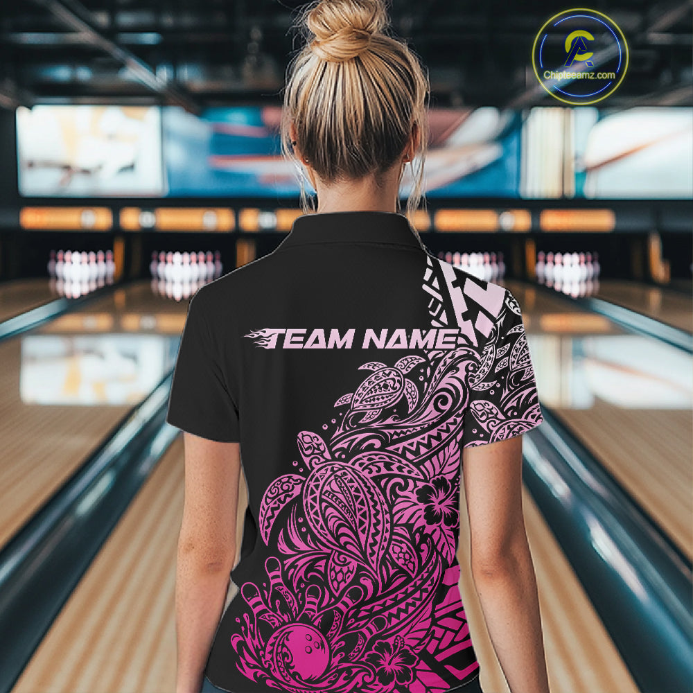 Custom Black And Pink Tribal Turtle Bowling Polo, Polynesian Bowling Outfit