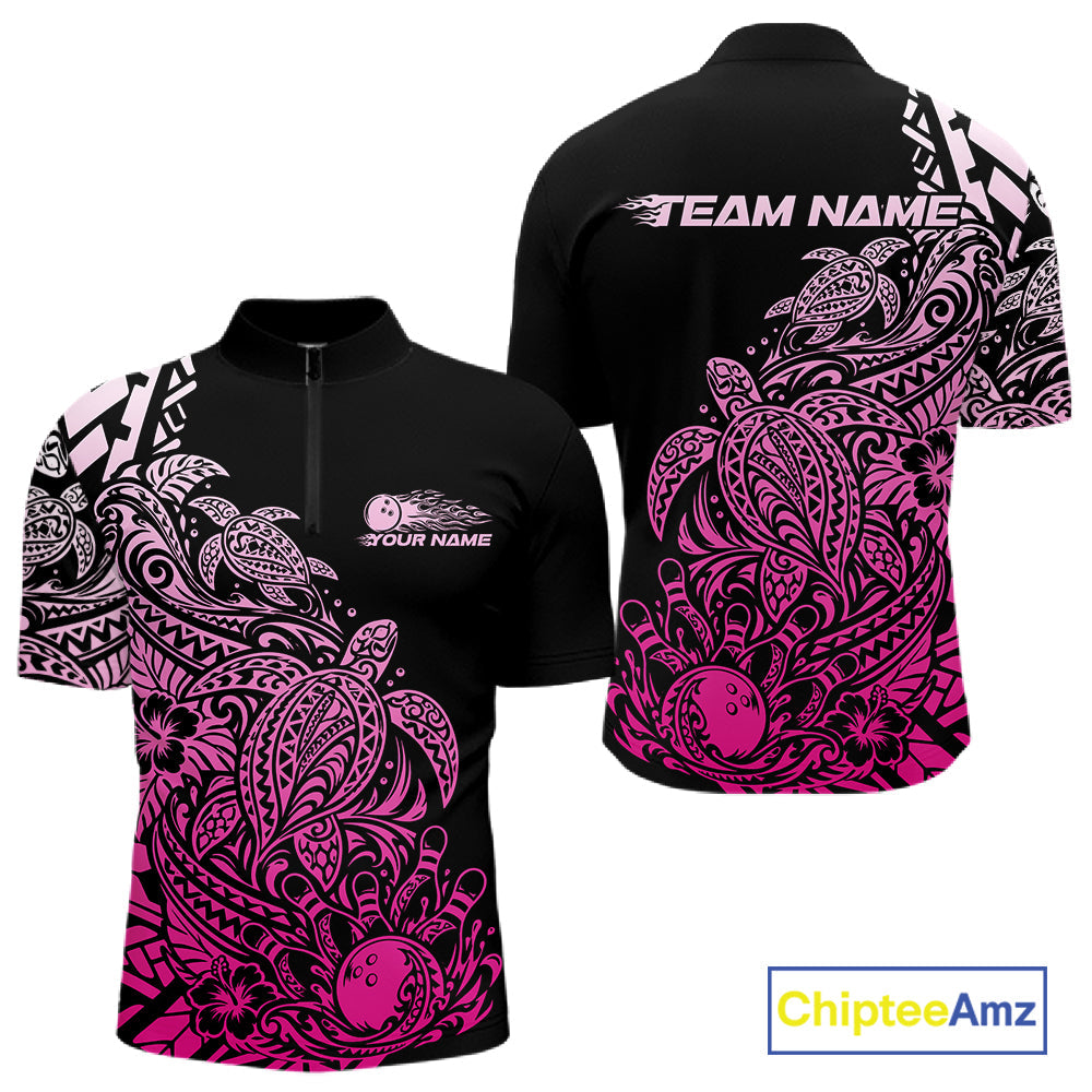 Custom Black And Pink Tribal Turtle Bowling Quarter Zip, Polynesian Bowling Outfit