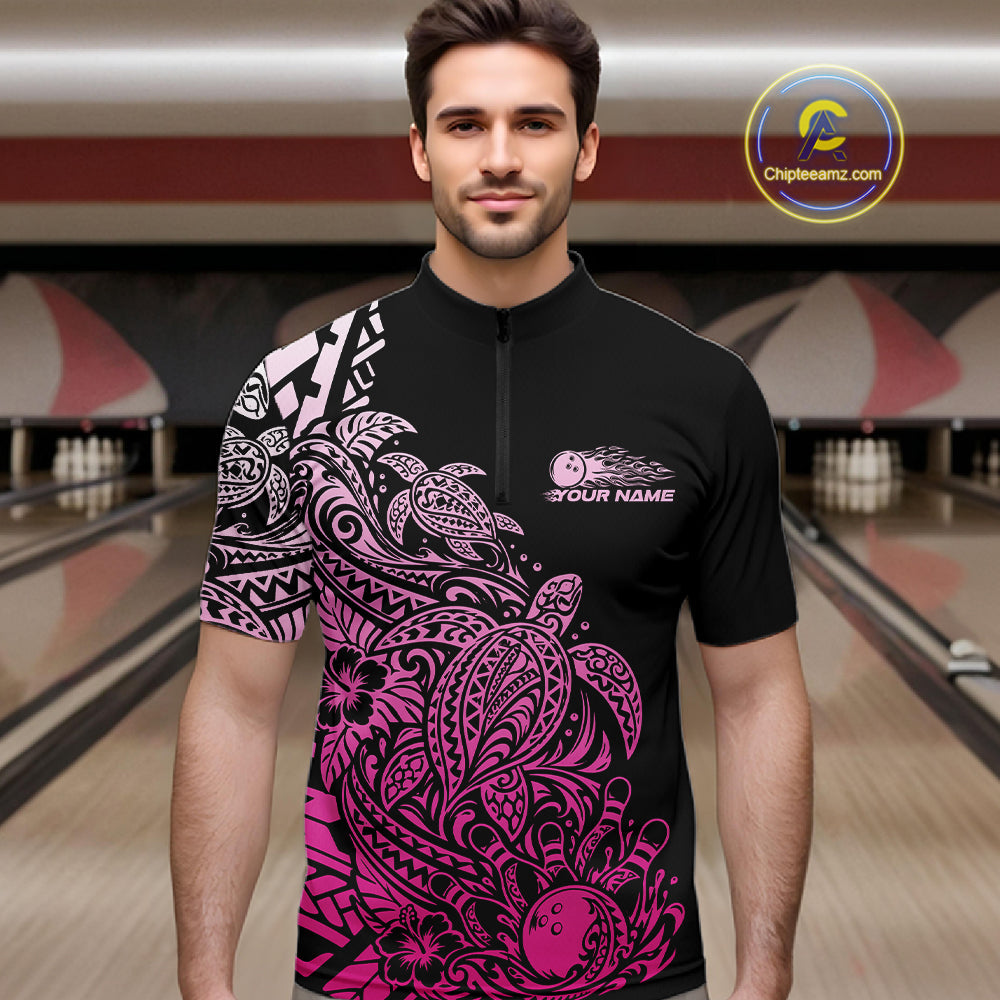 Custom Black And Pink Tribal Turtle Bowling Quarter Zip, Polynesian Bowling Outfit