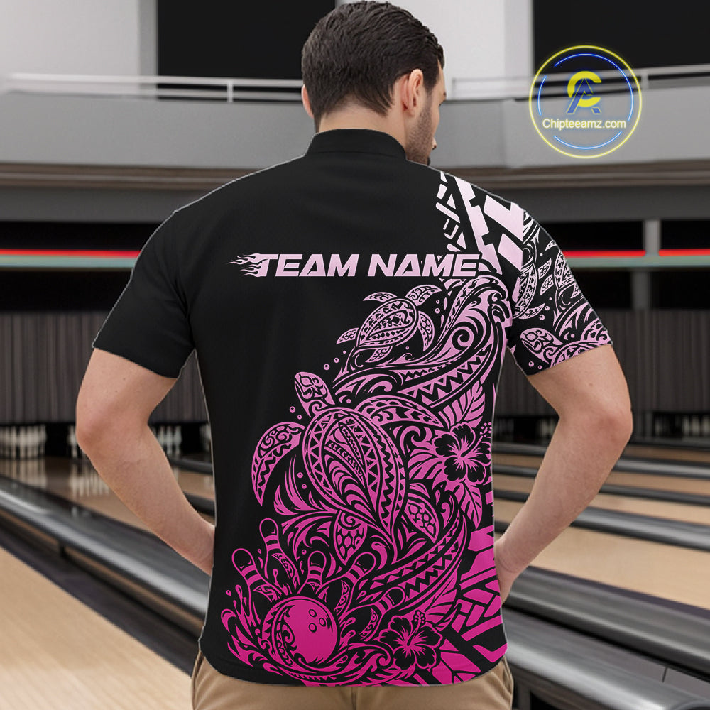 Custom Black And Pink Tribal Turtle Bowling Quarter Zip, Polynesian Bowling Outfit