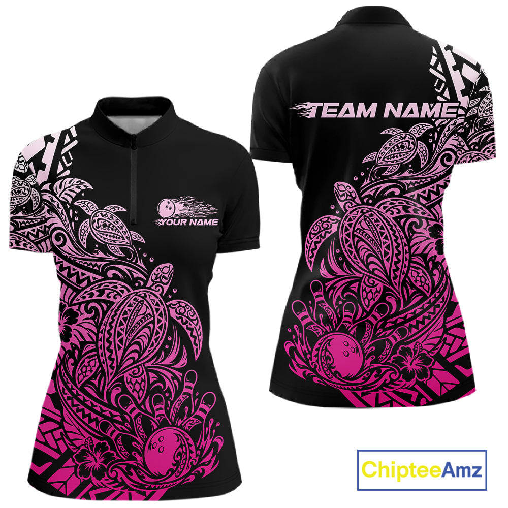 Custom Black And Pink Tribal Turtle Bowling Quarter-Zip, Polynesian Bowling Outfit