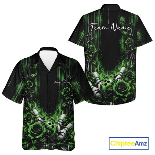 Custom Green Roses Bowling Team And Button Up Shirt, Flower Bowling Jersey Gift Bowlers Outfit
