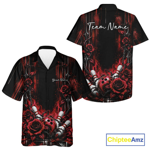 Custom Red Roses Bowling Team And Button Up Shirt, Flower Bowling Jersey Gift Bowlers Outfit