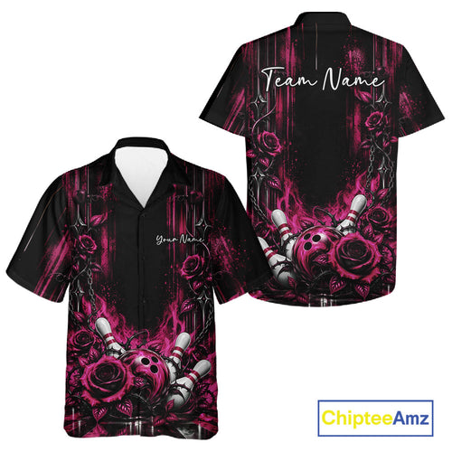 Custom Pink Roses Bowling Team And Button Up Shirt, Flower Bowling Jersey Gift Bowlers Outfit
