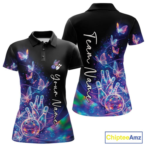Custom Hologram Butterfly Bowling Polo Shirts, Galaxy Bowling Team Jerseys