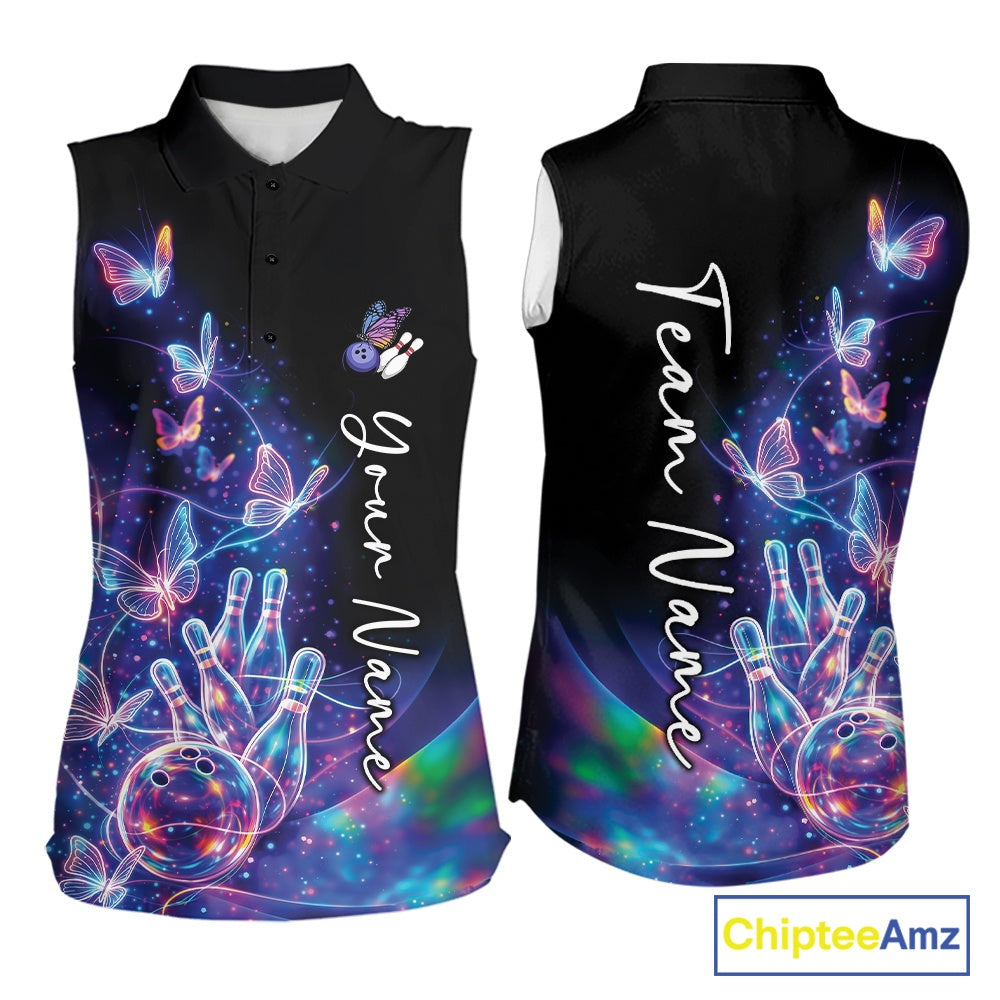 Custom Hologram Butterfly Bowling Sleeveless Polo Shirts, Galaxy Bowling Team Jersey