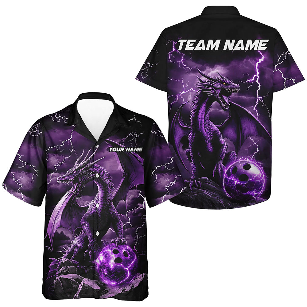 Black And Purple Thunder Lightning Custom Dragon Bowling Hawaiian Shirts, Bowling Uniform