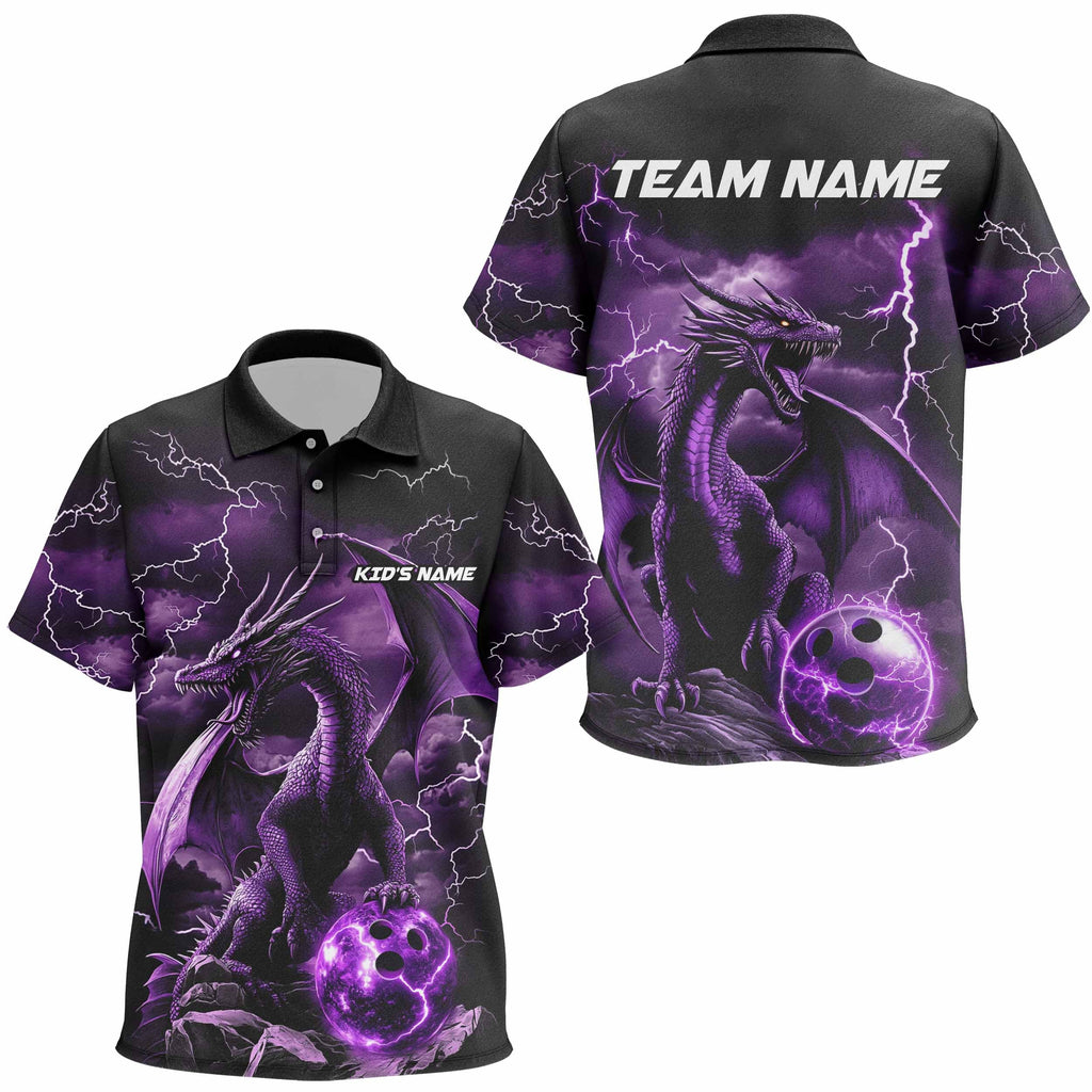 Black And Purple Thunder Lightning Custom Dragon Bowling Team Shirts, Bowling Uniform