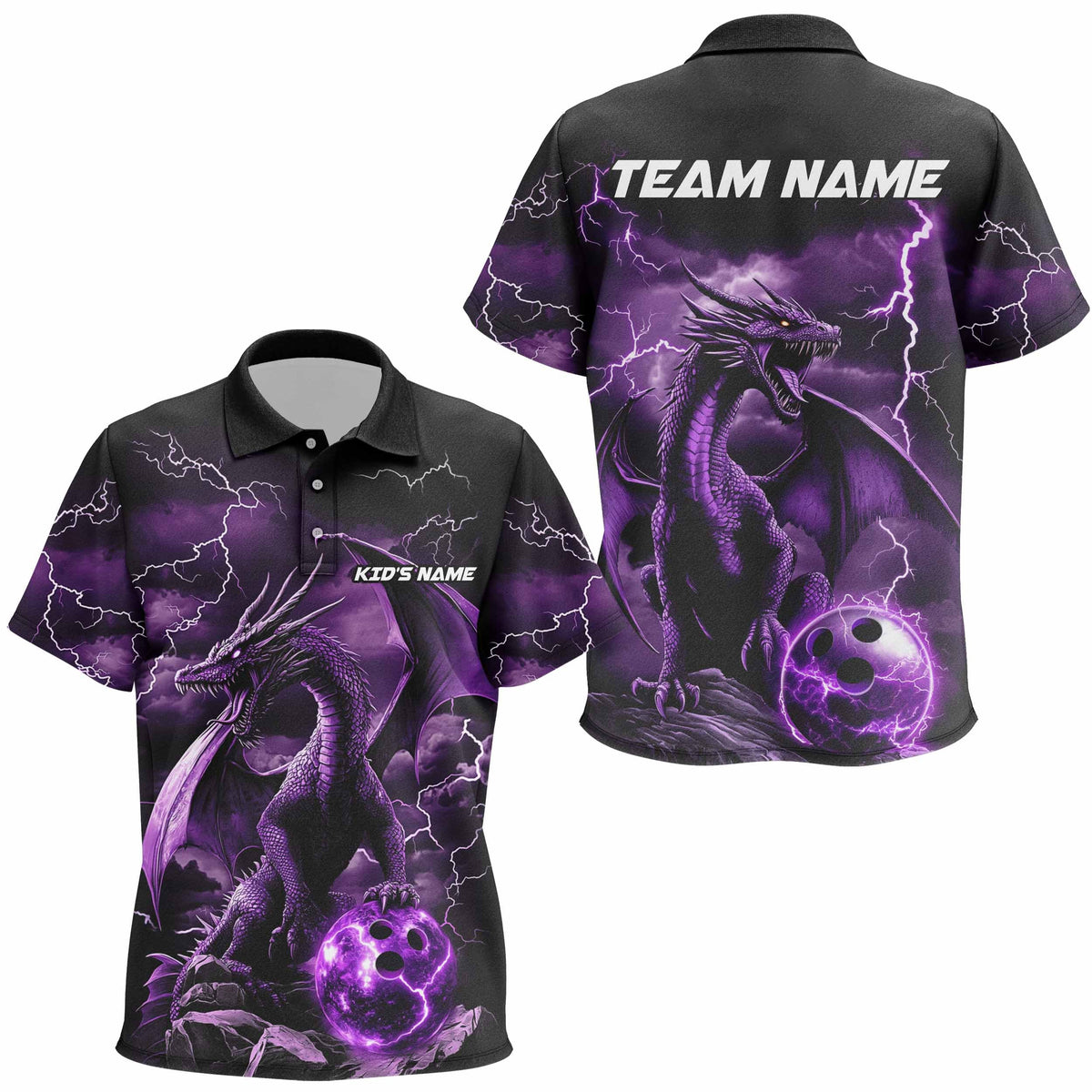 Black And Purple Thunder Lightning Custom Dragon Bowling Team Shirts, Bowling Uniform