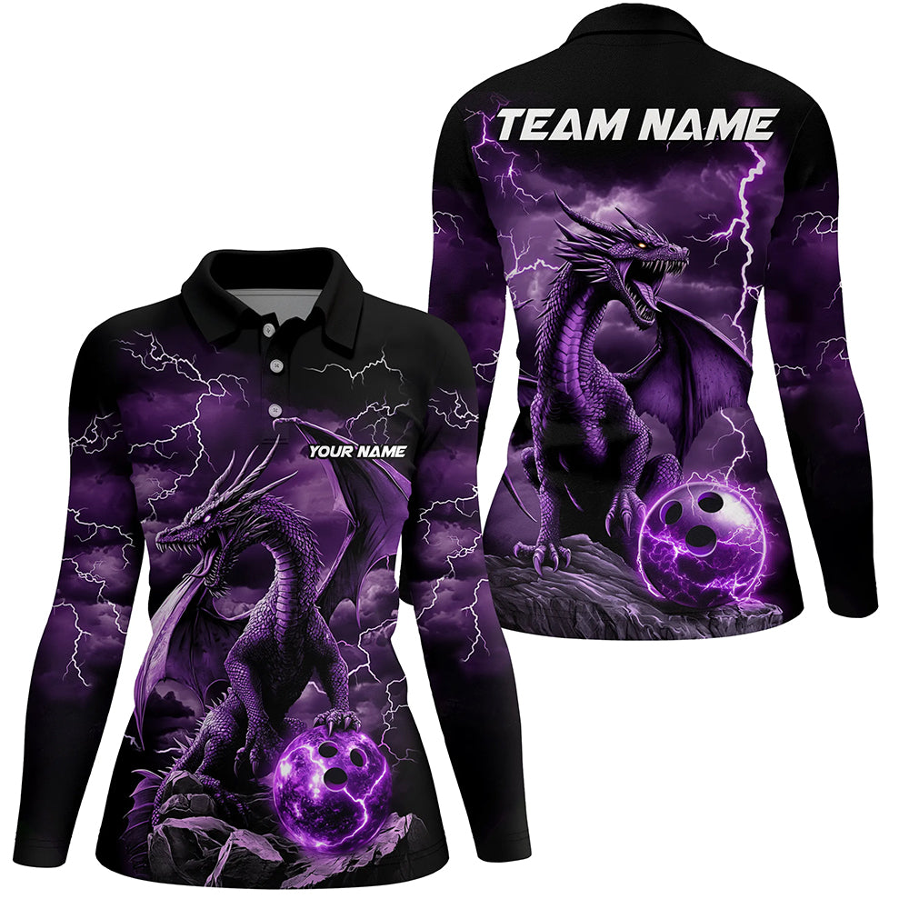 Black And Purple Thunder Lightning Custom Dragon Bowling Team Shirt, Bowling Uniform