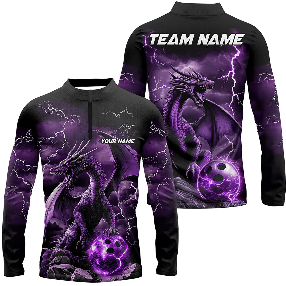 Black And Purple Thunder Lightning Custom Dragon Bowling Team Shirts, Bowling Uniform