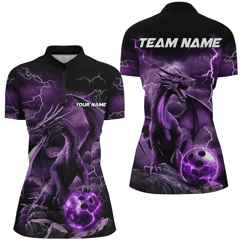 Black And Purple Thunder Lightning Custom Dragon Bowling Team Shirt, Bowling Uniform