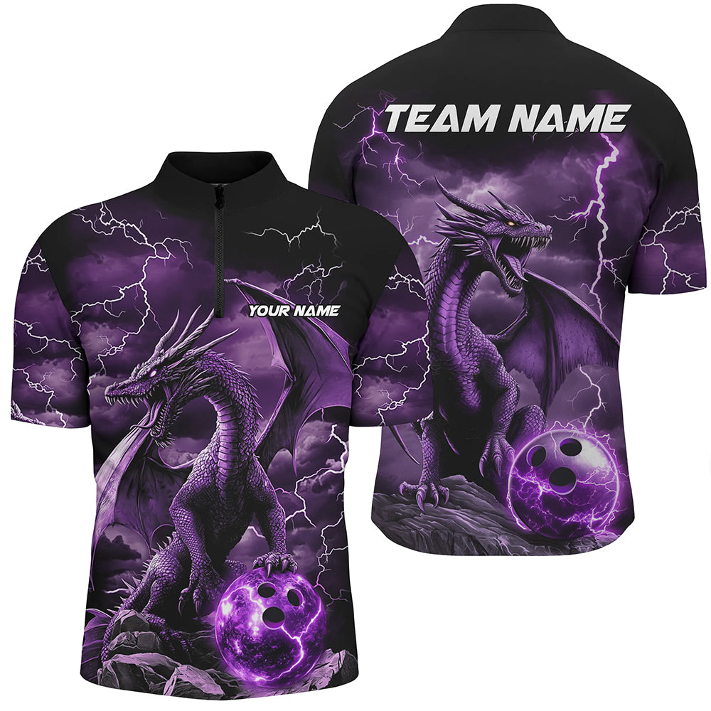 Black And Purple Thunder Lightning Custom Dragon Bowling Team Shirts, Bowling Uniform